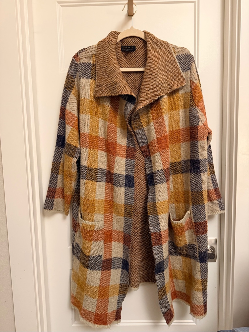 Joseph Plaid Open-Front Long Cardigan Coat - Mustard, Rust & Navy